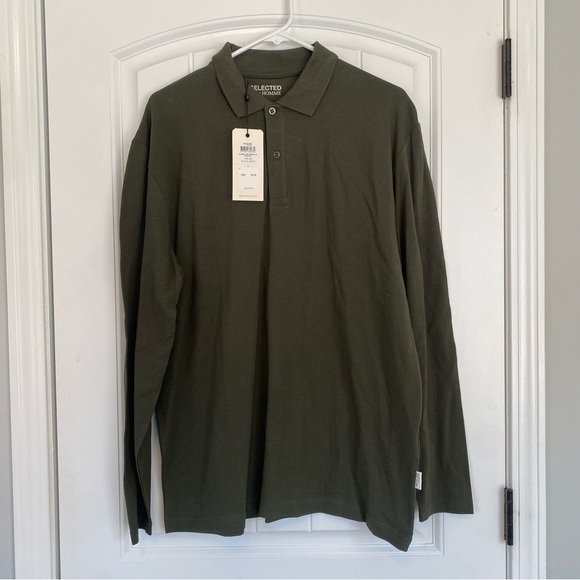 Other - Selected Homme Men's Olive Green Long Sleeve Polo Shirt Size Large NWT